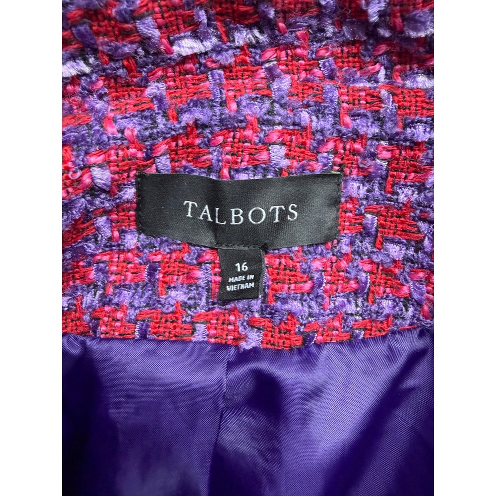 Talbots Womens Red Purple Tweed Blazer Jacket Gold Crest Buttons Fringed Size 16 - Picture 3 of 7